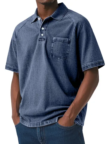Men's Vintage Distressed Cotton Polo Shirt Short Sleeve Washed Casual Top With Pocket Patchwork Design Solid Color Lapel