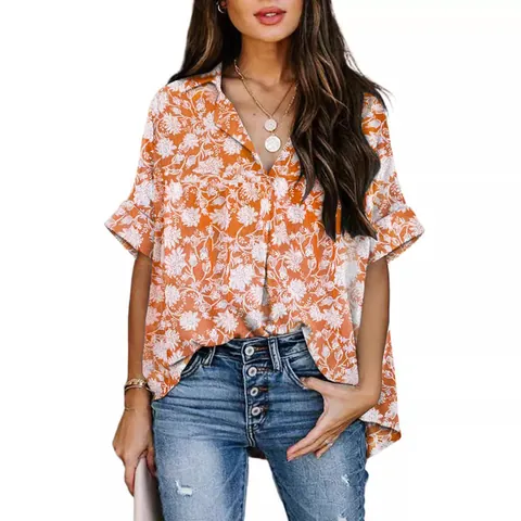 Women Printed V-Neck Polo Shirt Half Sleeve Loose Fit Casual Floral Polka Dot Striped Leopard Print Polyester Chiffon Top
