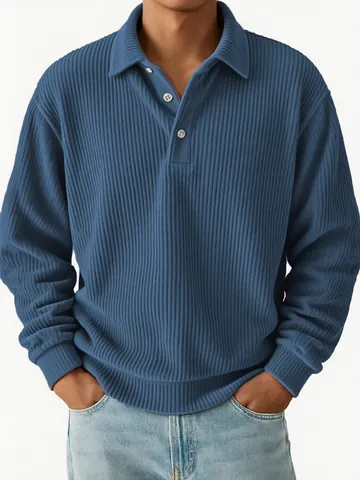 Men Vintage Corduroy Striped Polo Shirt Long Sleeve Casual Solid Color Top Autumn Winter Lightweight Breathable Pullover