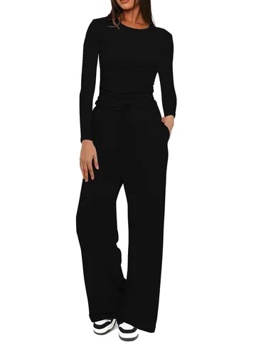 Women Casual Polyester Ruched Long Sleeve Round Neck Top And High Waist Wide Leg Drawstring Pants Solid Color Outfit