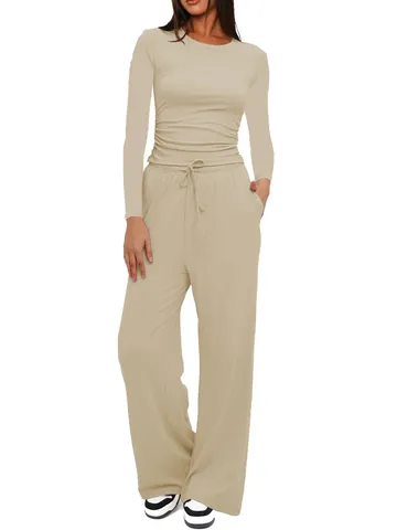 Women Casual Polyester Ruched Long Sleeve Round Neck Top And High Waist Wide Leg Drawstring Pants Solid Color Outfit