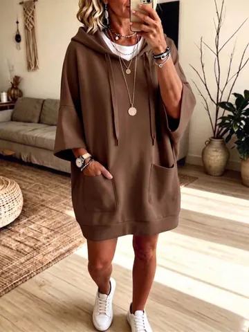 Women Casual Mid Length Hooded Sweatshirt Solid Color Pocket Oversized Hoodie Dress Long Sleeve Pullover Autumn Winter Loose Top