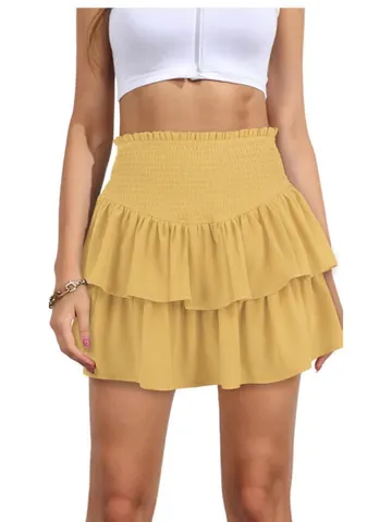 Bohemian High Waist Smocked Tennis Skirt For Women Summer Ruffle Tiered Pleated Mini Skirt Casual Solid Color Bottom
