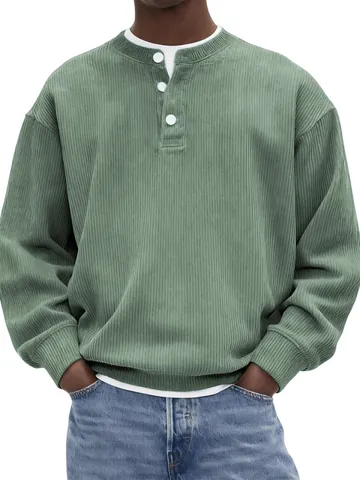 Men's American Vintage Corduroy Ribbed Henley Shirt Long Sleeve Pullover Casual Fashion Ribbed Cuff Top For Autumn Spring