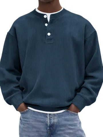 Men's American Vintage Corduroy Ribbed Henley Shirt Long Sleeve Pullover Casual Fashion Ribbed Cuff Top For Autumn Spring
