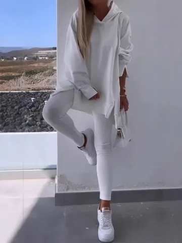 Dames Casual Top En Broek Hoodie Met Splitzoom En Bijpassende Leggings Effen Kleur Gebreid Tweedelig Sportpak