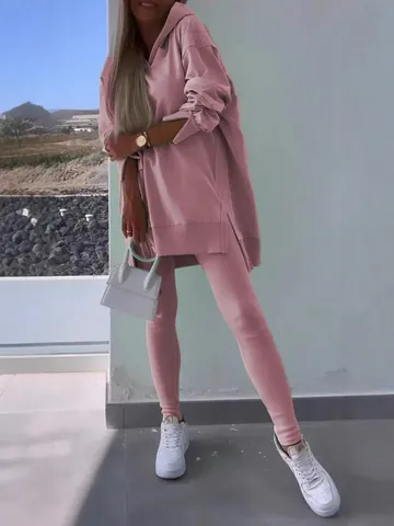 Dames Casual Top En Broek Hoodie Met Splitzoom En Bijpassende Leggings Effen Kleur Gebreid Tweedelig Sportpak