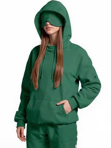 Sudadera con Capucha de Viaje para Mujer con Máscara de Ojos Incorporada Modo Avión Sudadera de Poliéster con Bolsillo Canguro Color Sólido Top Casual