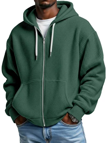 Men Waffle Knit Zip Up Hooded Sweatshirt Jacket American Retro Casual Loose Fit Solid Color Long Sleeve Hoodie Top