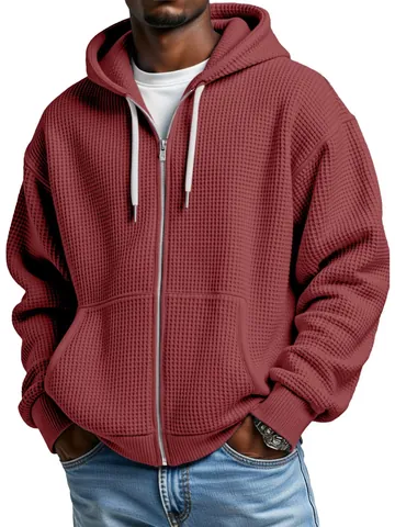 Men Waffle Knit Zip Up Hooded Sweatshirt Jacket American Retro Casual Loose Fit Solid Color Long Sleeve Hoodie Top