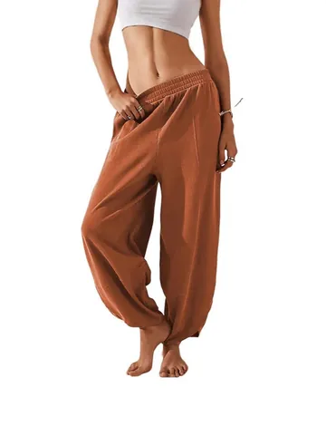 Women Casual Solid Color Elastic Waist Harem Pants With Pockets Loose Fit Autumn Winter Lantern Trousers For Daily Wear