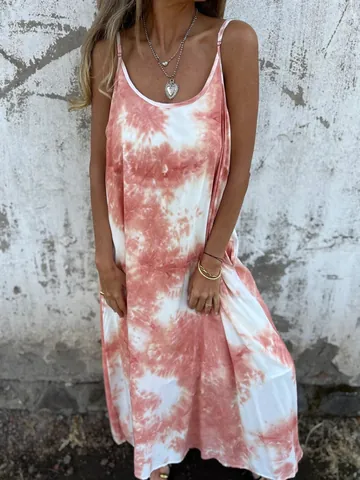 Dames Tie-Dye Gradiënt Print Slipjurk Maxi Casual Mouwloos Ronde Hals Lange Jurk Met Zakken Zomervakantie Strandkleding