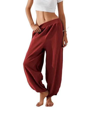 Women Casual Solid Color Elastic Waist Harem Pants With Pockets Loose Fit Autumn Winter Lantern Trousers For Daily Wear