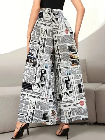 Women High Waist Wide Leg Pants Vintage 3D Newspaper Print Loose Drape Casual Trousers Polyester Spandex Bottom