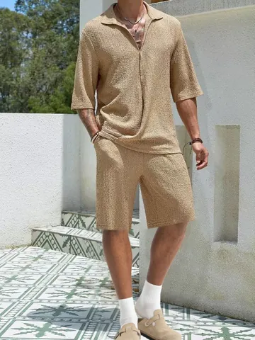 Herren Casual Zweiteiler Outfits Strukturierte Kurzarm Hemd Und Lange Hose Top Und Bottom Einfarbig Sommer Urban Fashion