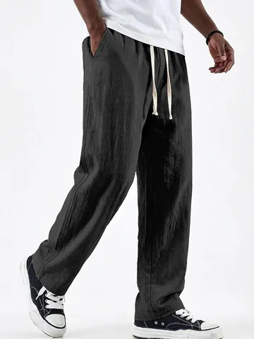 Men Linen Straight Leg Casual Pants Solid Color Mid Waist Drawstring Trousers Washed Breathable Bottoms For Everyday Summer Wear