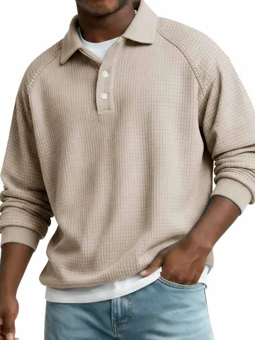Men Waffle Texture Long Sleeve Polo Shirt Casual Fashion Raglan Sleeve Button Lapel Autumn Winter Regular Fit Top