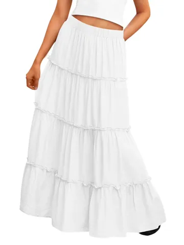 Women Tiered Pleated A-Line Maxi Skirt High Waist Elastic Double Layer With Inner Lining Summer Beach Bohemian Skirt