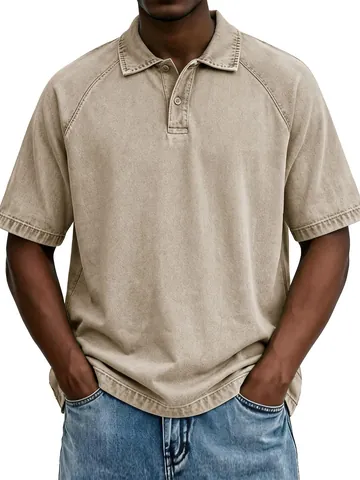 Men American Vintage Washed Distressed Polo Shirt Cotton Raglan Sleeve Solid Color Casual Short Sleeve Top For Everyday Wear