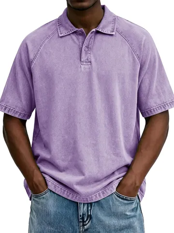 Men American Vintage Washed Distressed Polo Shirt Cotton Raglan Sleeve Solid Color Casual Short Sleeve Top For Everyday Wear