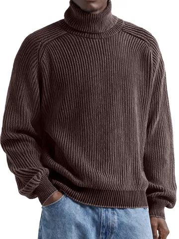 Maglietta Dolcevita da Uomo Vintage a Tinta Unita Maglia Termica a Maniche Lunghe con Texture a Costine Pullover Retro Invernale da Uomo