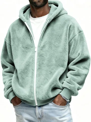 Men Casual Plush Hooded Sweatshirt Fleece Zipper Hoodie Jacket Oversized Solid Color Winter Warm Top For Men Outwear