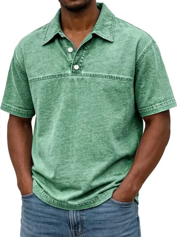 Polo de Moda para Hombre Vintage Lavado al Ácido Casual Manga Corta Solapa Algodón Color Sólido Camiseta para Hombre Estilo Urbano Moderno