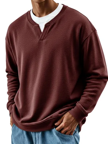 Men's Casual Acrylic Long Sleeve Top Layered Look Round Neck Pullover Waffle Texture Knit Shirt Autumn Winter Clothing