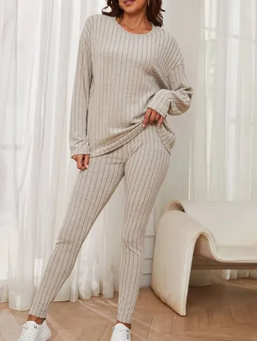 Women Ribbed Knit Sweater Set Top And Bottom Crewneck Loose Long Sleeve Top And Pants Warm Loungewear Fall Winter Tracksuit