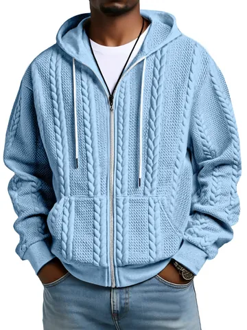 Felpa con Cappuccio da Uomo in Maglia a Trecce con Cerniera Giacca Casual in Misto Ramiè Tinta Unita a Maniche Lunghe Sportiva Top
