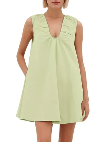 Nordic Style Ruched V-Neck Sleeveless Dress For Women Summer Casual Solid Color A-Line Mini Dress Loose Wide Strap Tank Dress