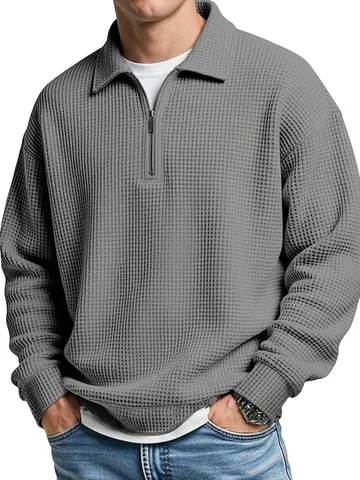 Men's Waffle Knit Quarter-Zip Polo Shirt American Retro Long Sleeve Casual Polyester Pullover Fashion Textured Polo Collar Top