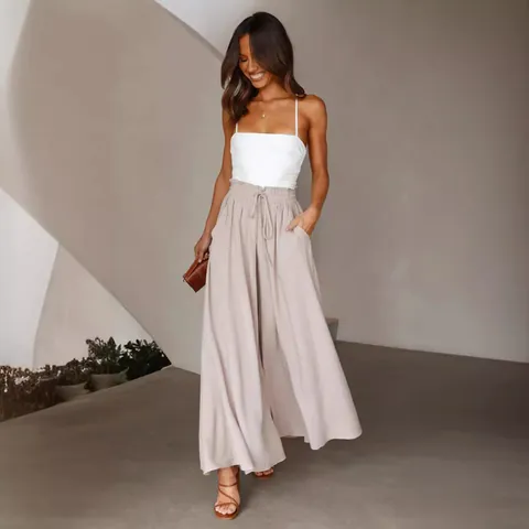 Women High Waist Wide Leg Pants Elastic Drawstring Casual Long Trousers Polyester Loose Urban Fashion Culottes for Summer Vacation