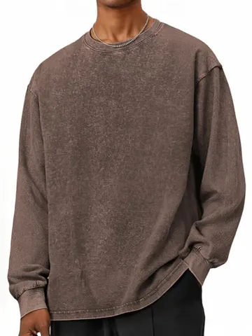 Men's American Retro Distressed Long Sleeve T-Shirt Acid Wash Cotton Oversized Pullover Sweatshirt For Street Casual Wear