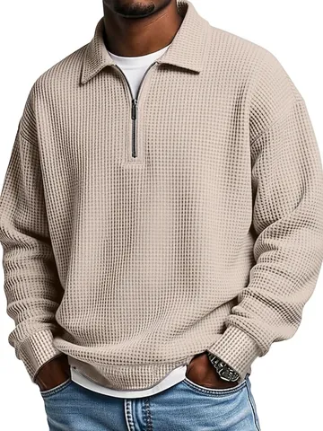 Men's Waffle Knit Quarter-Zip Polo Shirt American Retro Long Sleeve Casual Polyester Pullover Fashion Textured Polo Collar Top