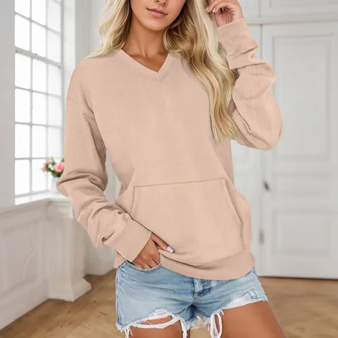 Women's Casual V-Neck Long Sleeve Solid Color Pullover Sweatshirt Loose Fit Pocket Fall Winter Fashion Top