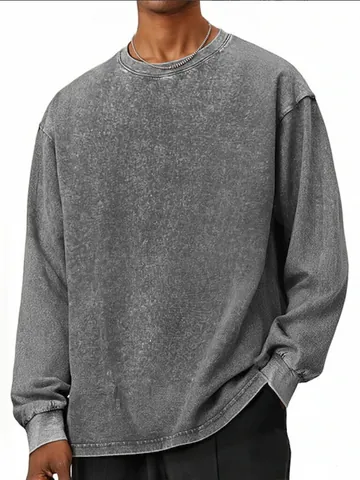 Men's American Retro Distressed Long Sleeve T-Shirt Acid Wash Cotton Oversized Pullover Sweatshirt For Street Casual Wear