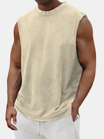 Camiseta de Tirantes de Algodón Pesado para Hombre Borde Crudo Camiseta Sin Mangas Vintage Lavada Chaleco Retro High Street Color Sólido Casual Deporte