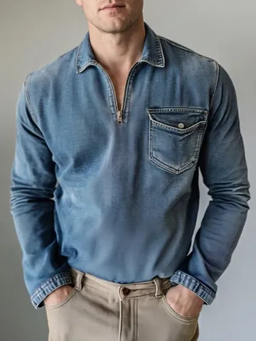 Men's Vintage Denim Top Long Sleeve Half Zipper Lapel Casual Washed Denim Shirt With Chest Pocket Top