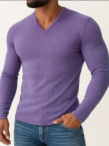 Men Slim Fit Long Sleeve T-Shirt Solid Color Ribbed Knit V-Neck Pullover Casual Polyester Undershirt Top For Men Everyday Wear
