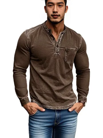Men Vintage Washed Polyester Henley Shirt Slim Fit Long Sleeve Distressed Casual Pullover Top With Chest Pocket For Autumn