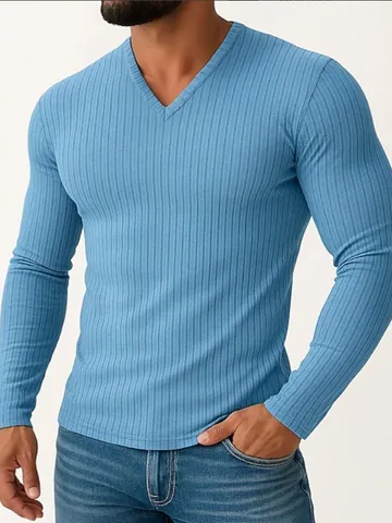 Men Slim Fit Long Sleeve T-Shirt Solid Color Ribbed Knit V-Neck Pullover Casual Polyester Undershirt Top For Men Everyday Wear