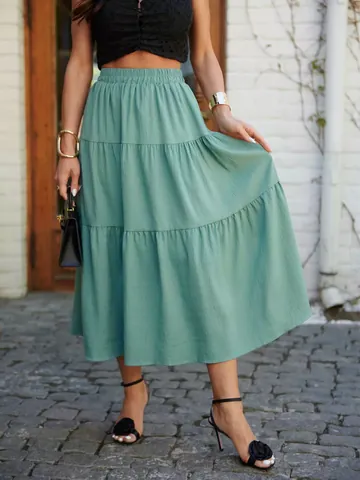 Women Summer Polka Dot Printed Tiered Maxi Skirt Elastic High Waist Bohemian A-Line Cake Skirt Casual Daily Bottom Polyester Spandex