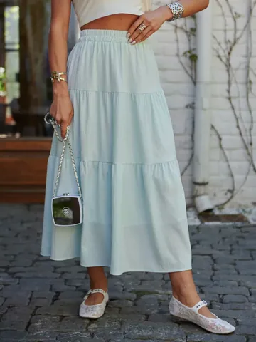 Women Summer Polka Dot Printed Tiered Maxi Skirt Elastic High Waist Bohemian A-Line Cake Skirt Casual Daily Bottom Polyester Spandex