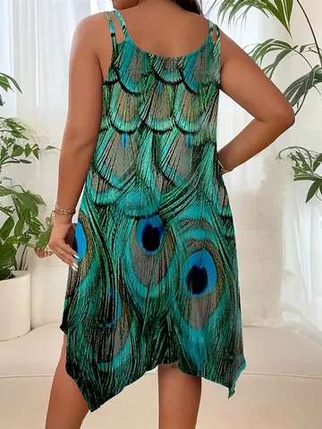 Women Plus Size Sleeveless Notch Neck Irregular Hem Dress Summer Printed Casual Cami Handkerchief Dress Plus Size Vestido