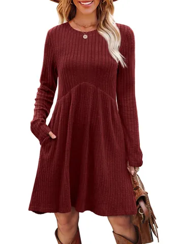 Women Long Sleeve Round Neck High Waist Ribbed Knit Dress With Pockets Elegant Solid Color Pullover A-Line Mini Dress
