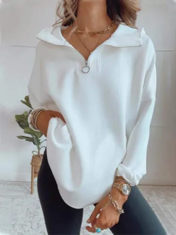 Sudadera Casual de Talla Grande para Mujer Cuello de Solapa con Cremallera Manga Larga Color Sólido Streetwear Jersey de Poliéster Top Otoño Invierno