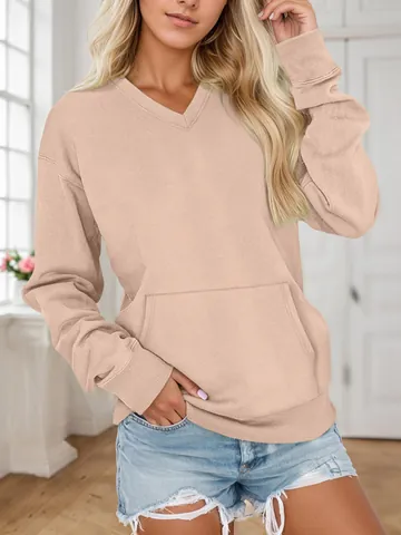 Damen V-Ausschnitt Einfarbig Sweatshirt Locker Pullover Langarm Top Mit Kängurutasche Lässig Einfarbig Sweatshirt Für Herbst Winter
