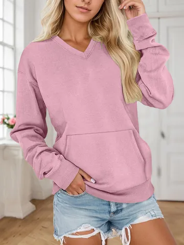 Damen V-Ausschnitt Einfarbig Sweatshirt Locker Pullover Langarm Top Mit Kängurutasche Lässig Einfarbig Sweatshirt Für Herbst Winter