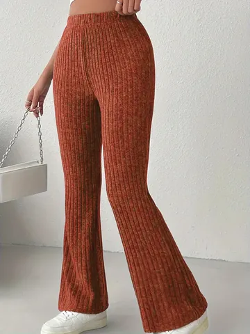 Dames High Waist Flare Broek Ribgebreide Slim Fit Legging Effen Kleur Casual Geborstelde Textuur Lange Broek Onderstuk